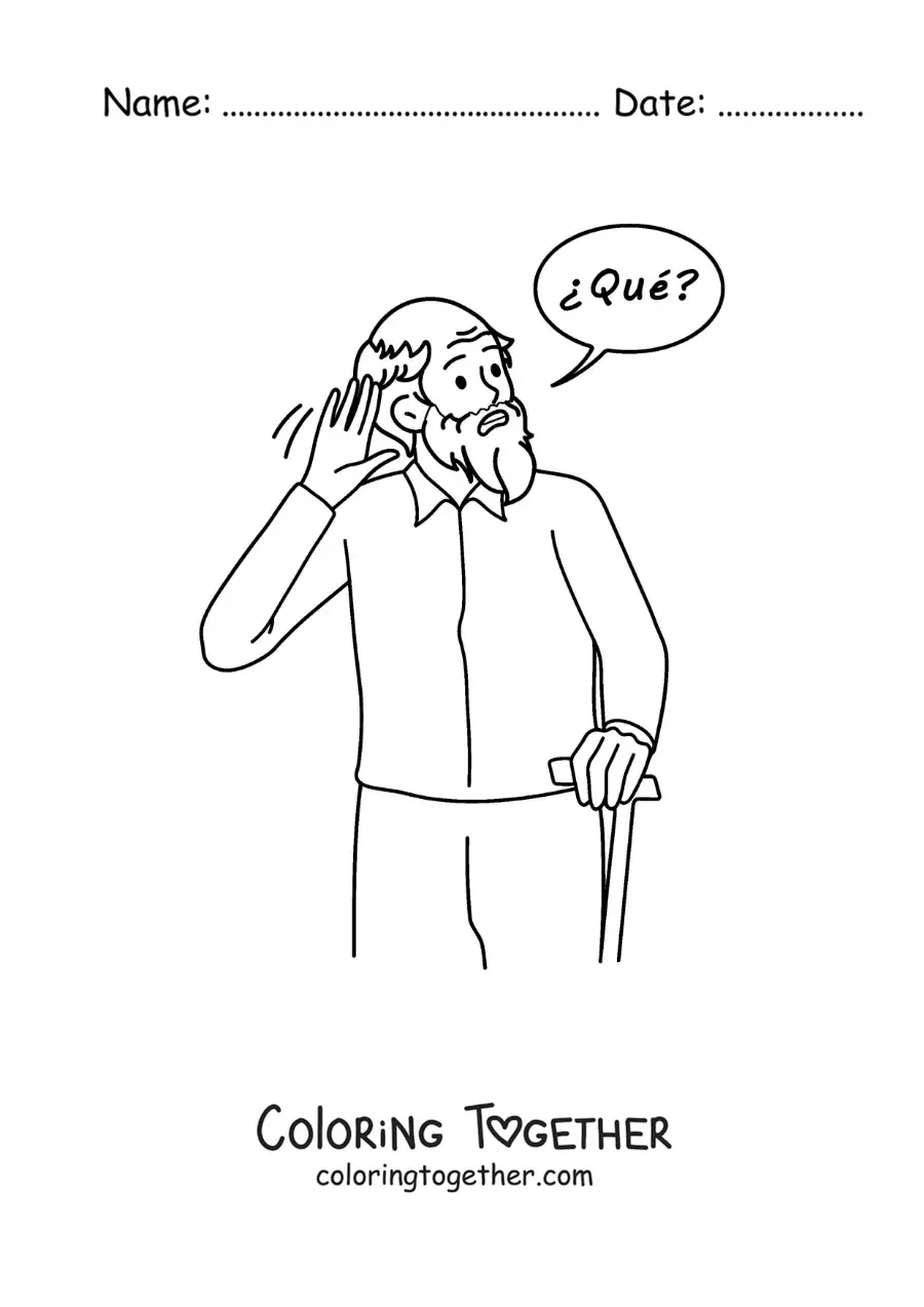 Coloring page of a grandfather with hearing loss
