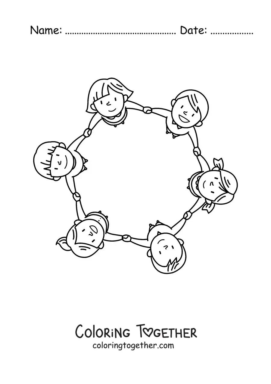 Coloring page of several girls and boys holding hands in a circle