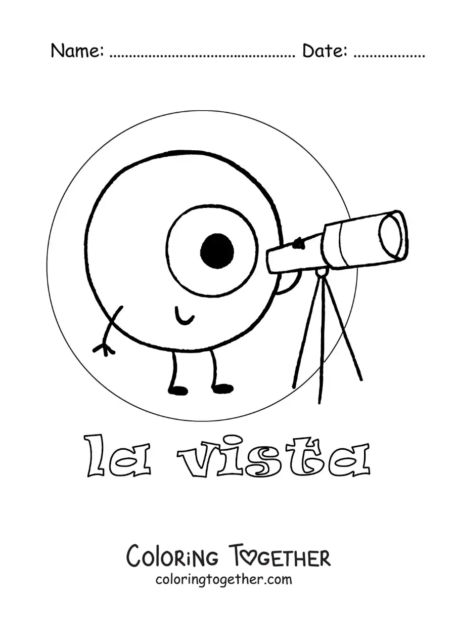Coloring page of a cartoon eye looking through a telescope