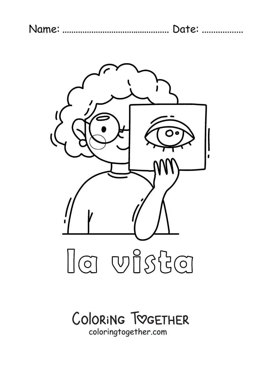 Coloring page of a girl pointing to her eye with the text "sight"