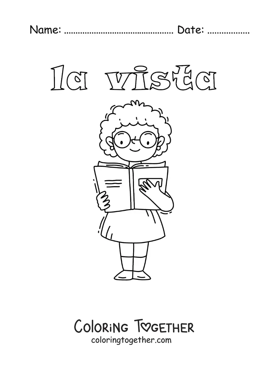 Coloring page of a girl with glasses reading a book