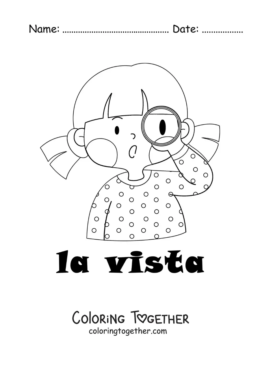 Coloring page of a girl looking through a magnifying glass