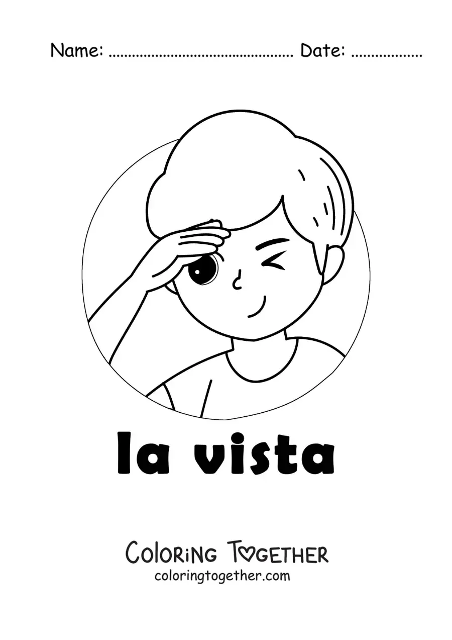 Coloring page of a boy looking into the distance with the text "sight"