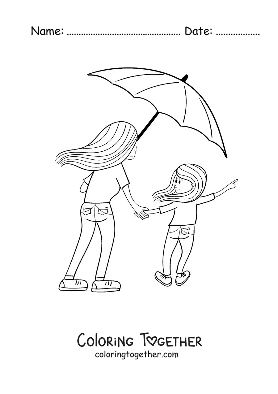 Coloring page of a mother and her daughter together sharing a parasol