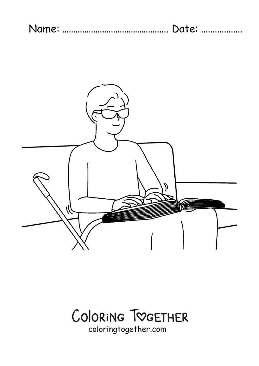 Coloring page of a blind person reading braille