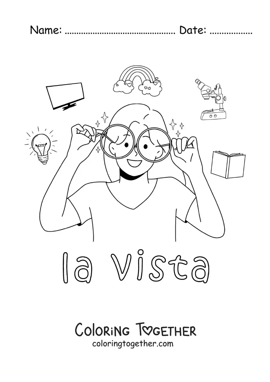 Coloring page of a girl with glasses and symbols of sight