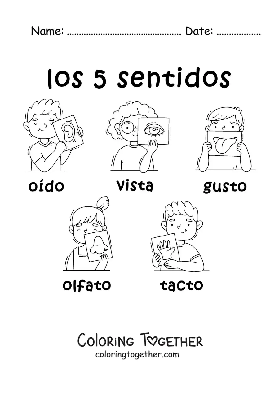 Coloring page of cartoon kids with the 5 senses