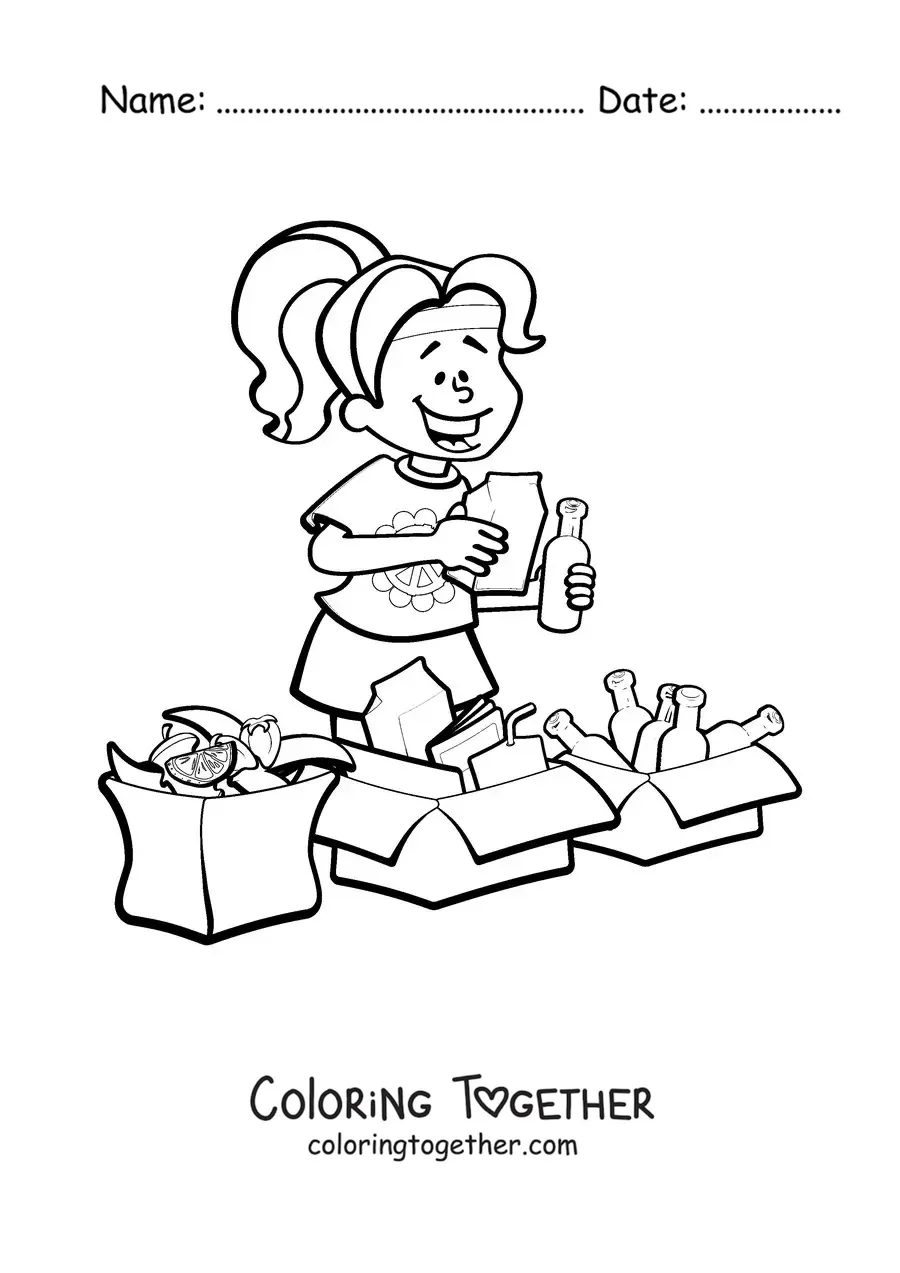 Coloring page of a girl recycling