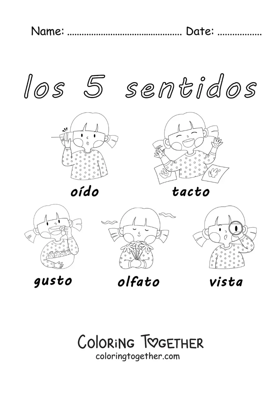 Coloring page of a girl showing the 5 senses