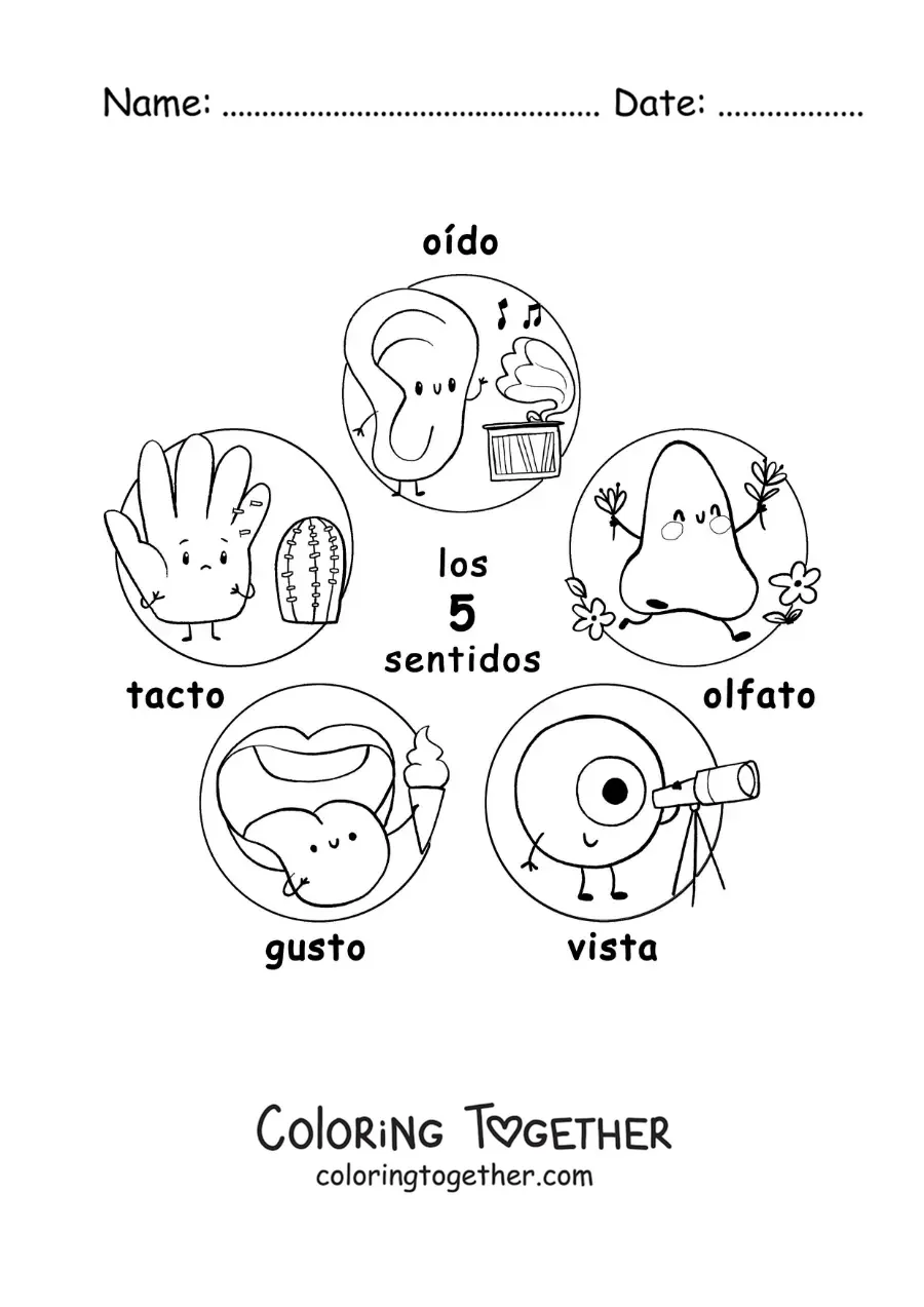 Coloring page of cartoons of the 5 senses for kids