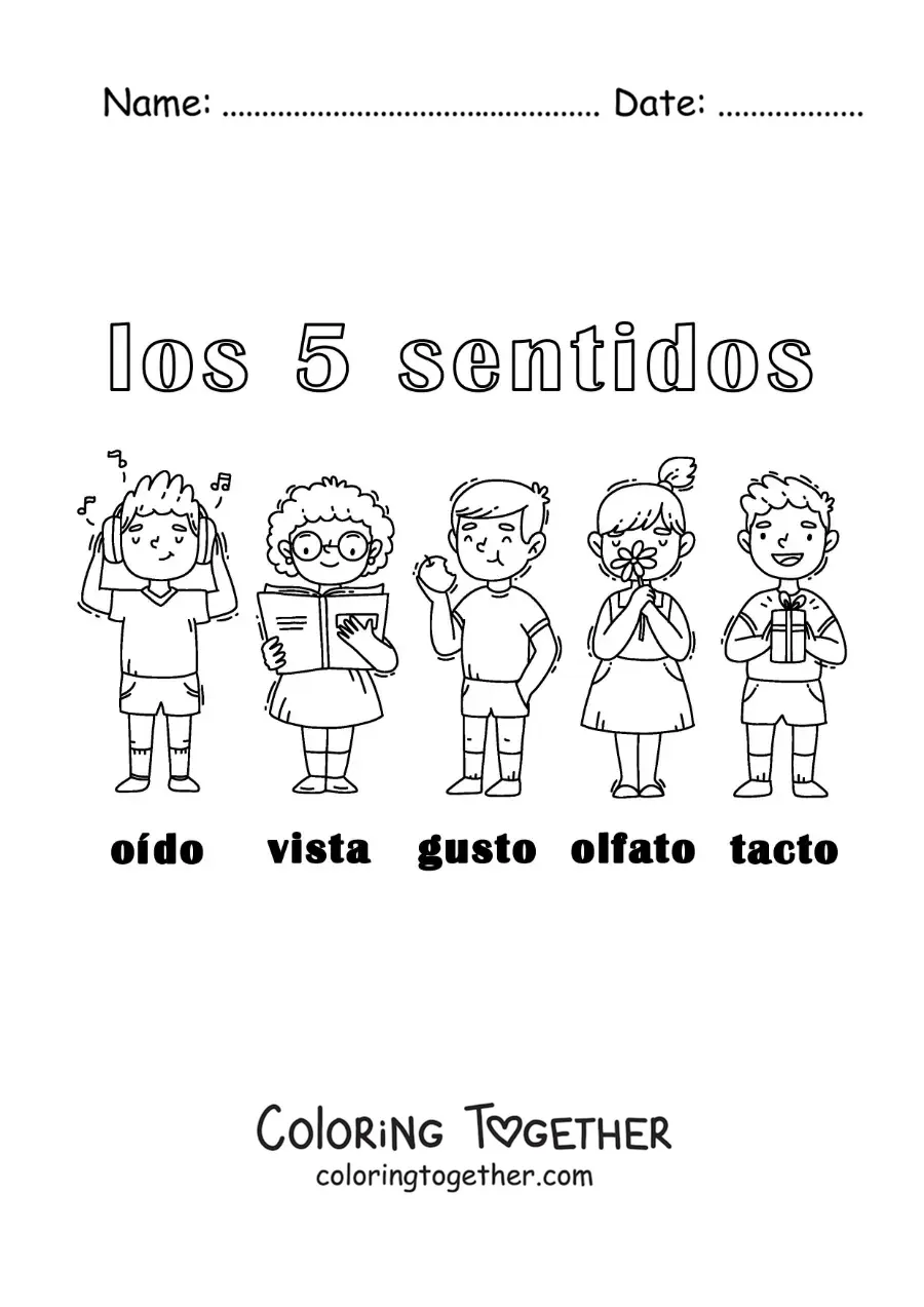 Coloring page of kids using the 5 senses