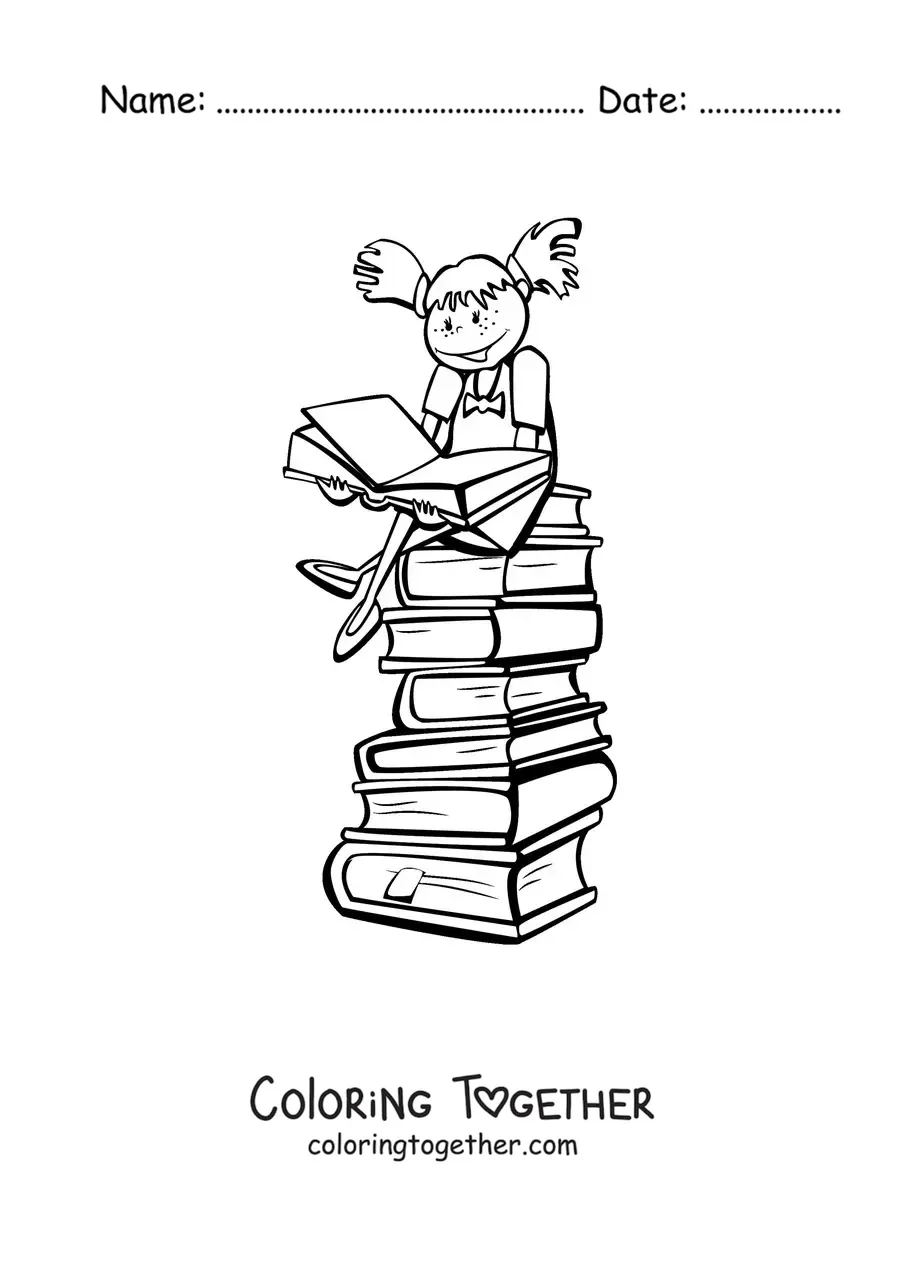 Coloring page of a girl reading while sitting on a stack of books