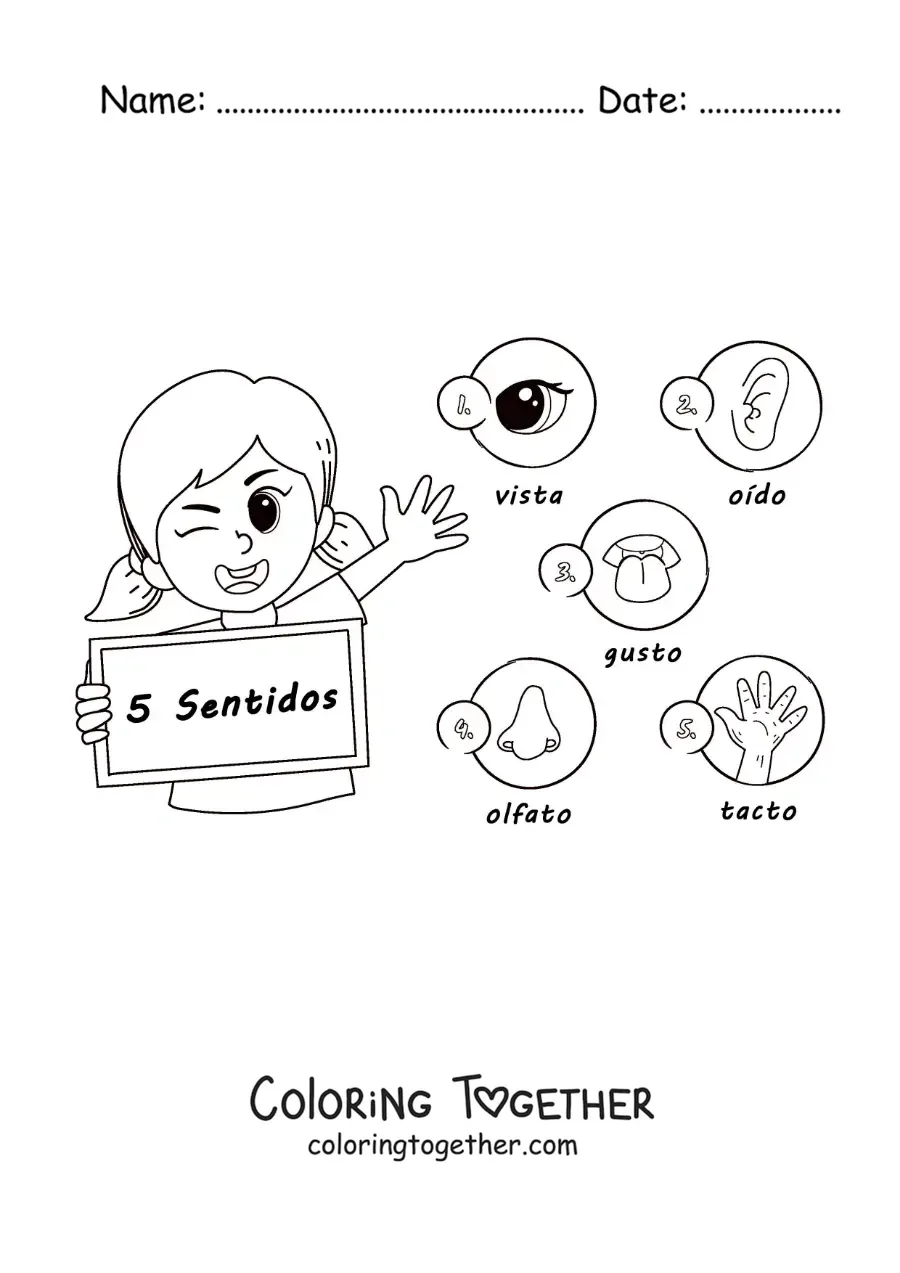 Coloring page of a cartoon girl with the five senses and their names