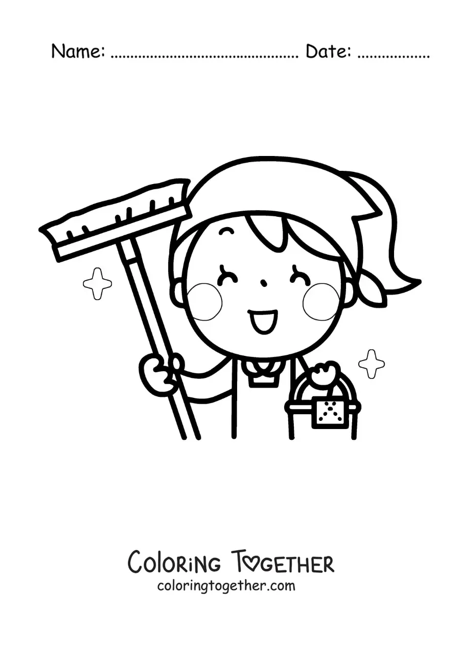 Coloring page of a cartoon mom with cleaning supplies