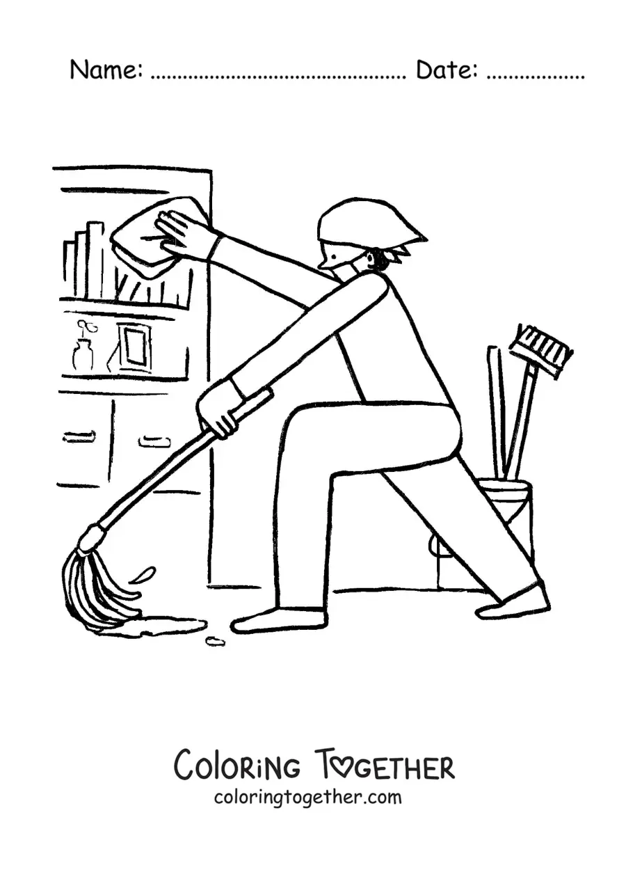 Coloring page of a person cleaning and mopping at home