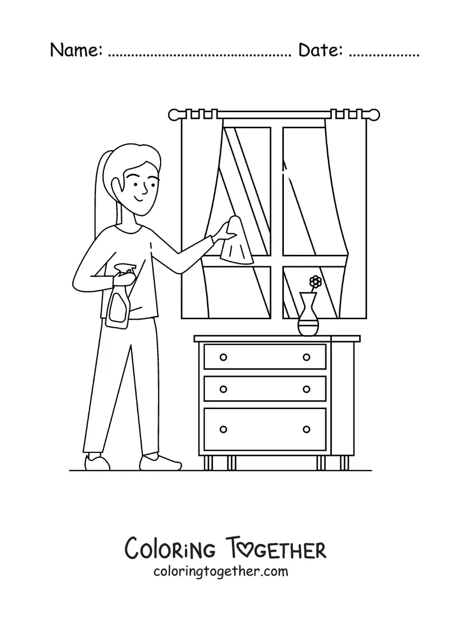 Coloring page of a young girl cleaning the windows of her house