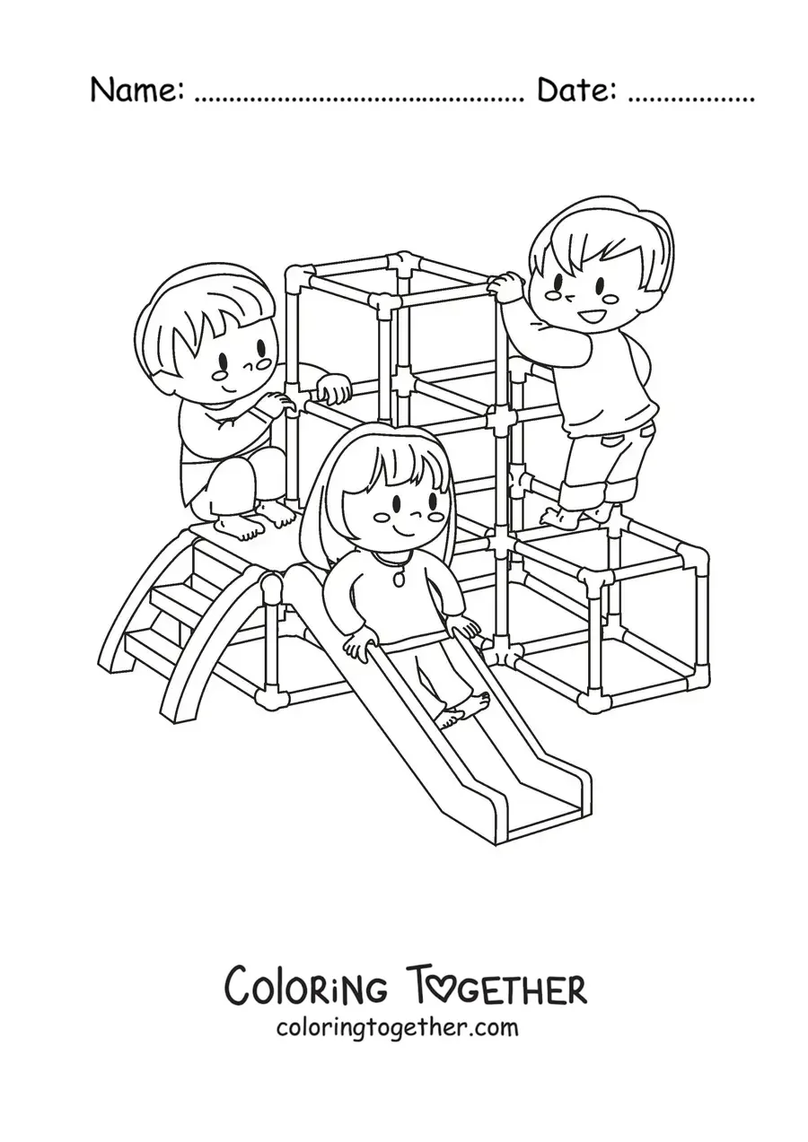Coloring page of a girl and two boys playing in the park