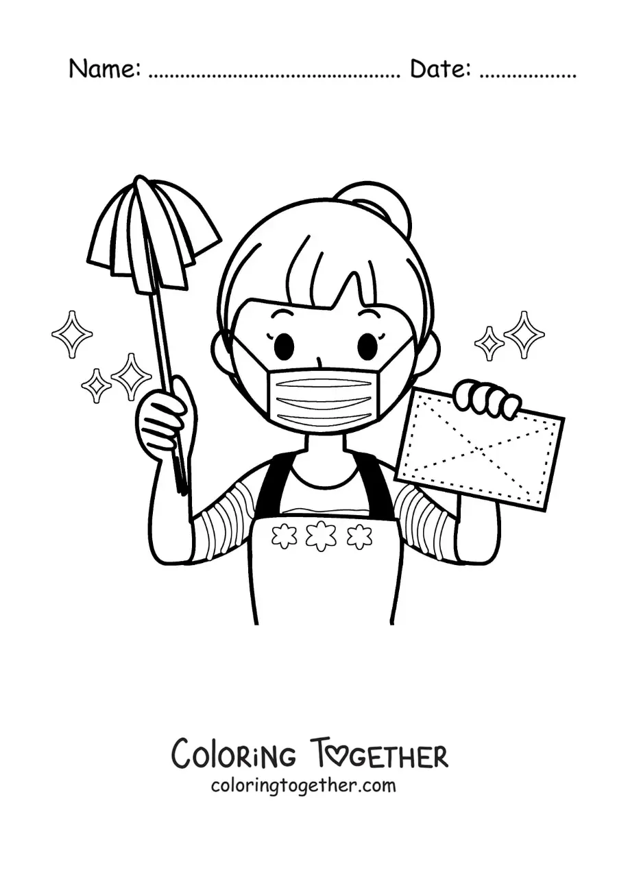 Coloring page of a cartoon woman cleaning