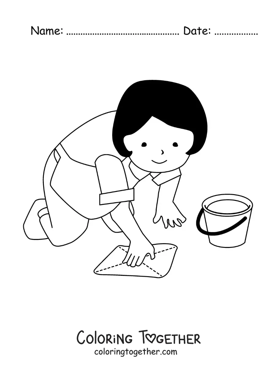 Coloring page of a housewife cleaning the floor