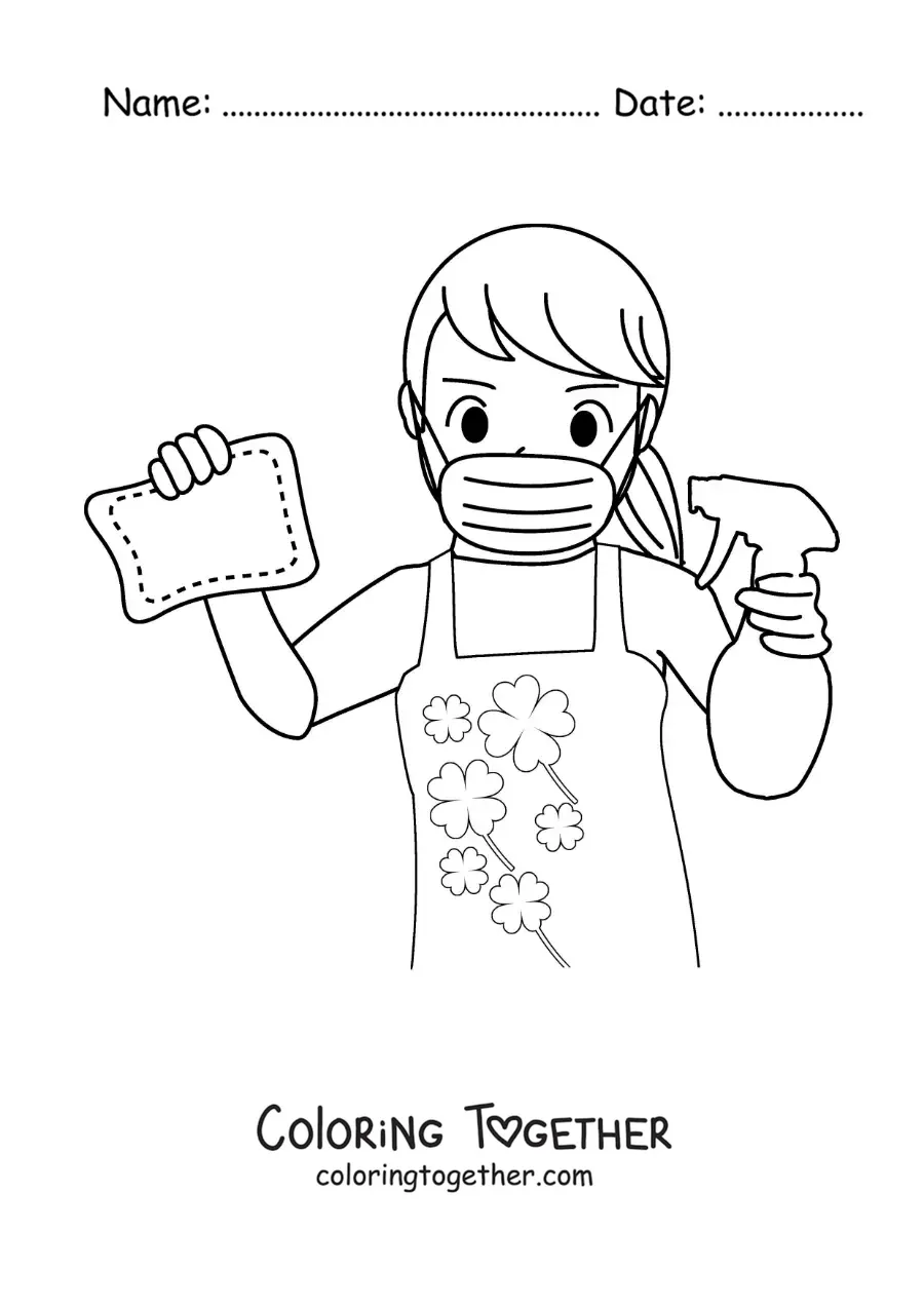 Coloring page of a mom with household cleaning supplies