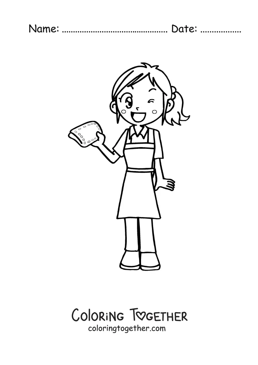 Coloring page of a cartoon girl cleaning