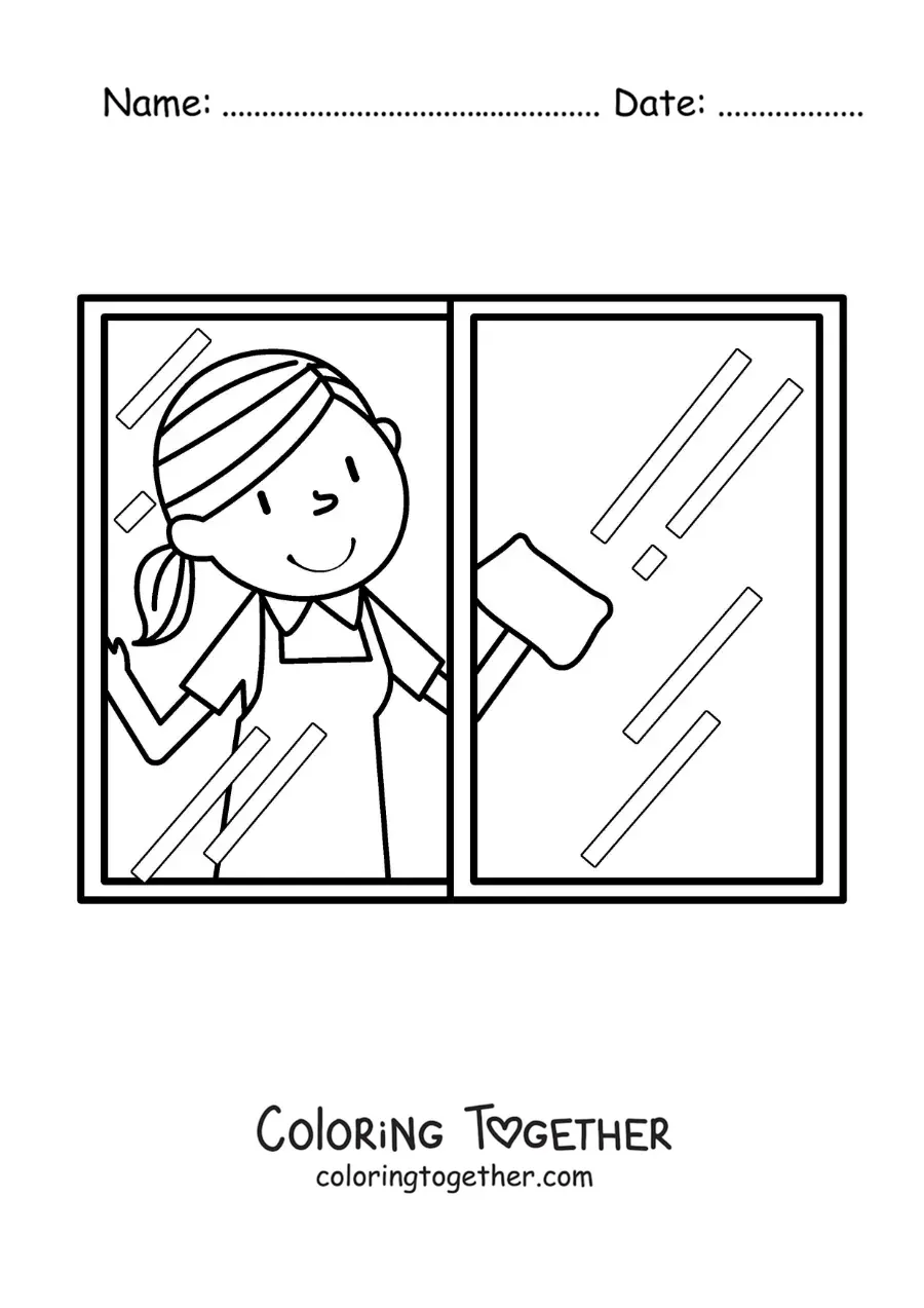 Coloring page of a woman cleaning the windows