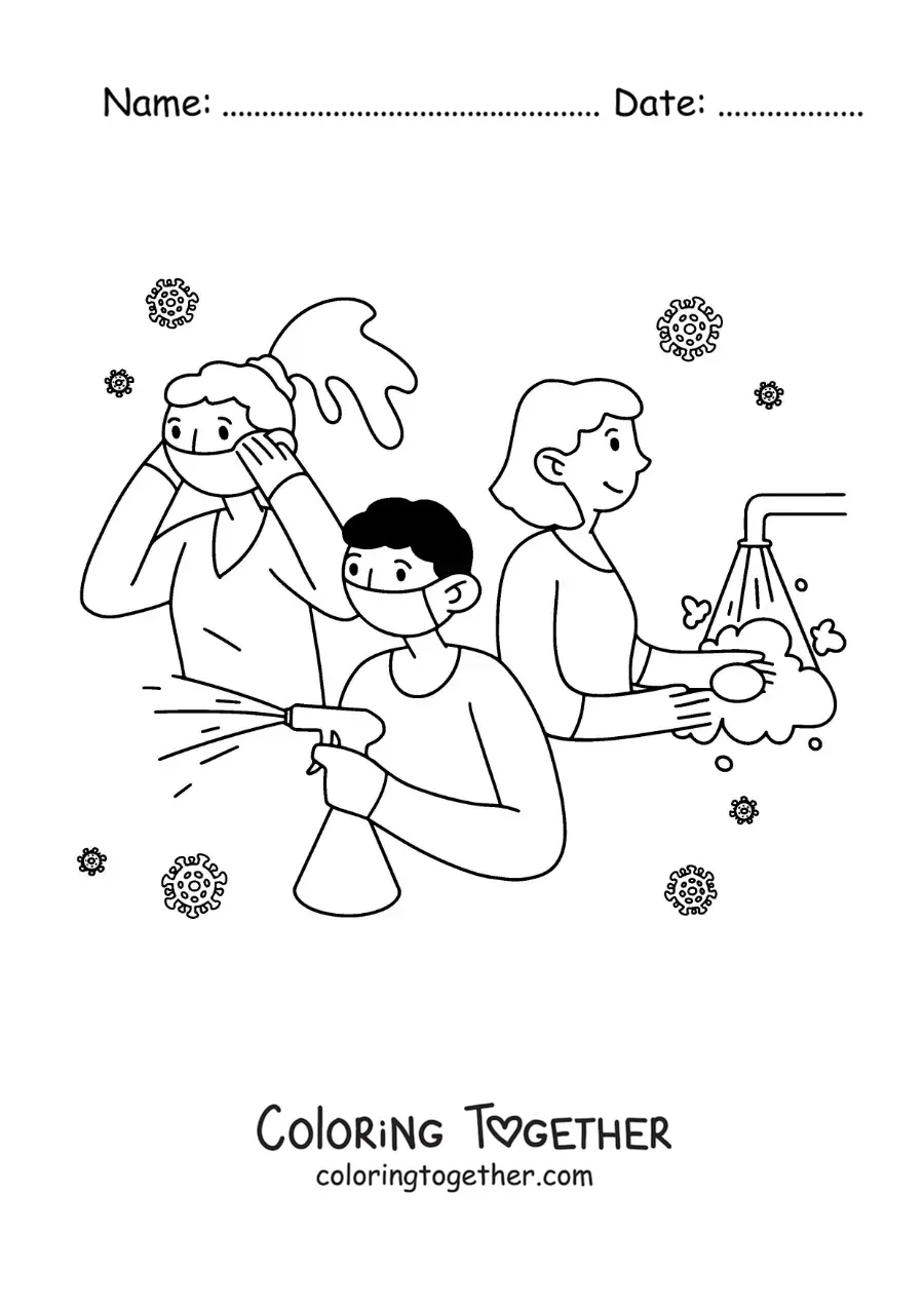 Coloring page of 3 people cleaning and disinfecting with the coronavirus in the background