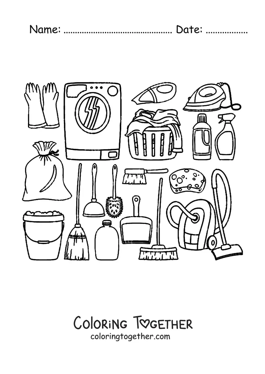 Coloring page of household cleaning objects and supplies