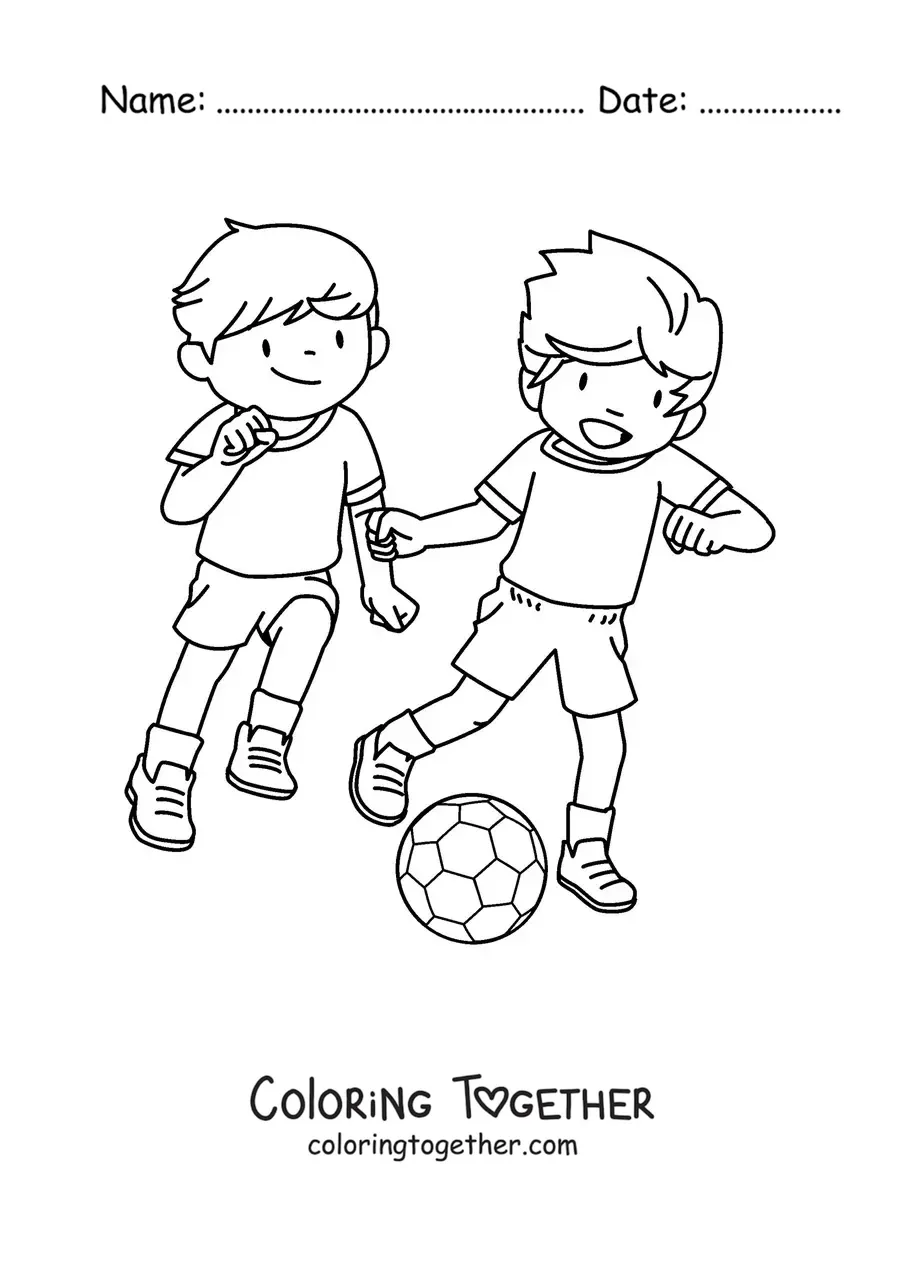 Coloring page of two children playing soccer