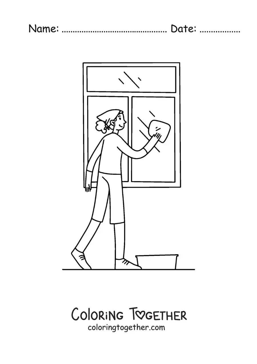 Coloring page of a girl cleaning the windows of her house