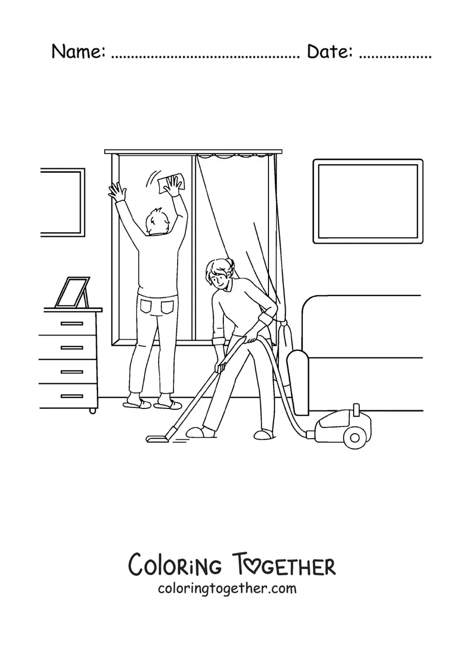 Coloring page of a couple cleaning their house