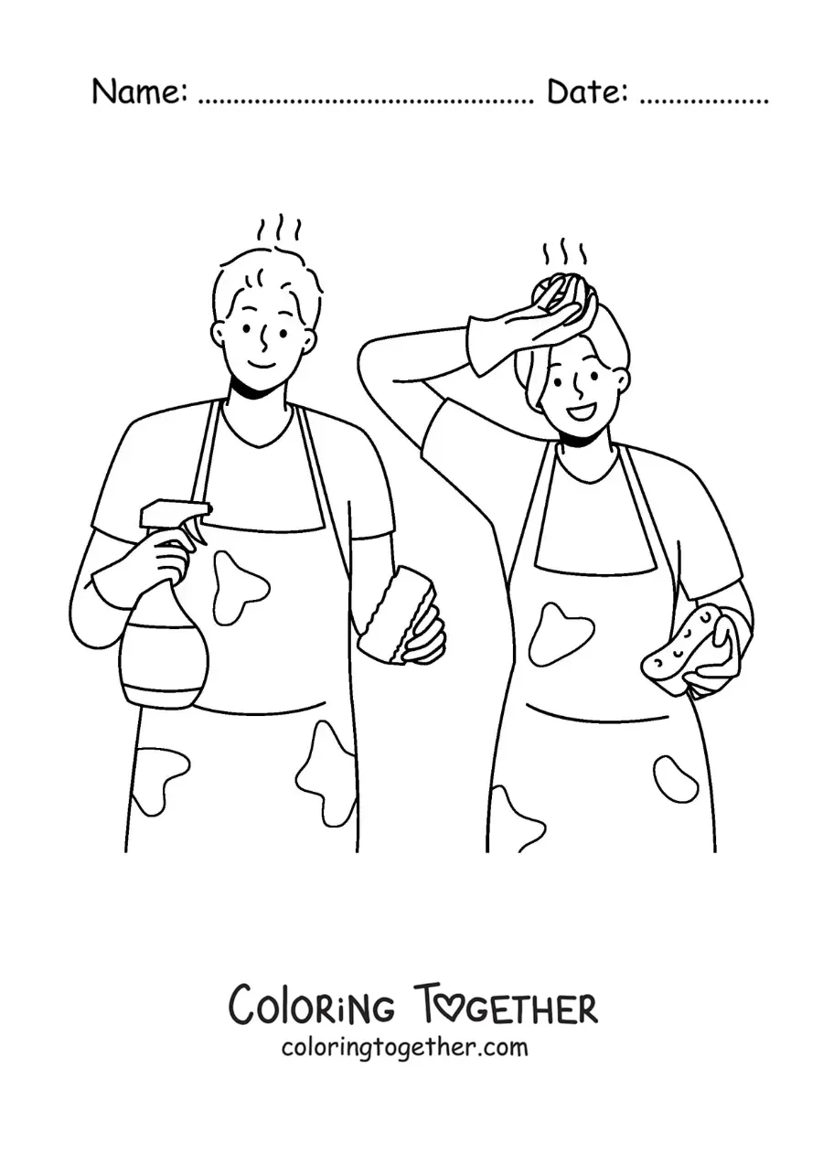 Coloring page of a couple tired of doing the chores