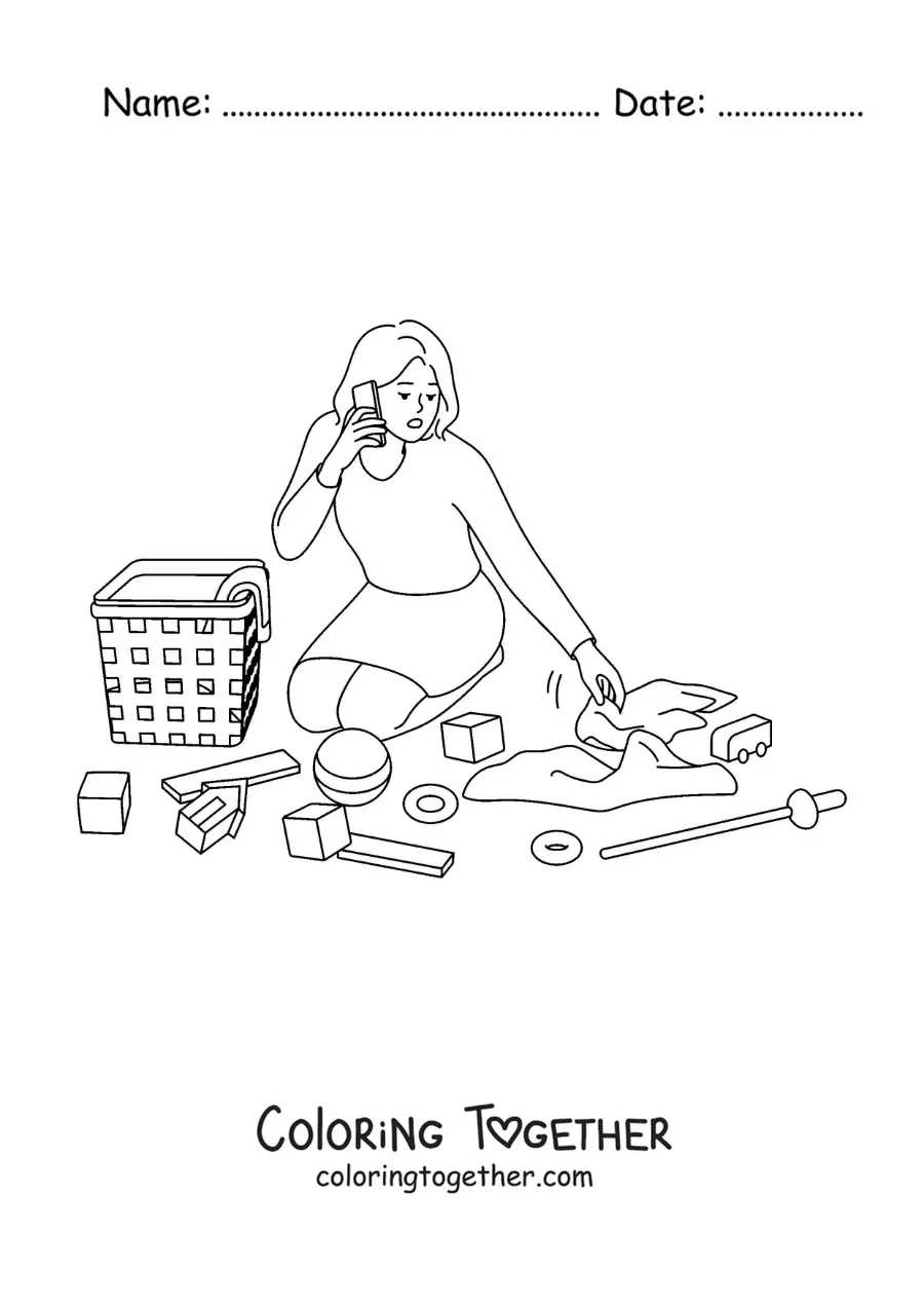 Coloring page of a mom picking up her child's toys