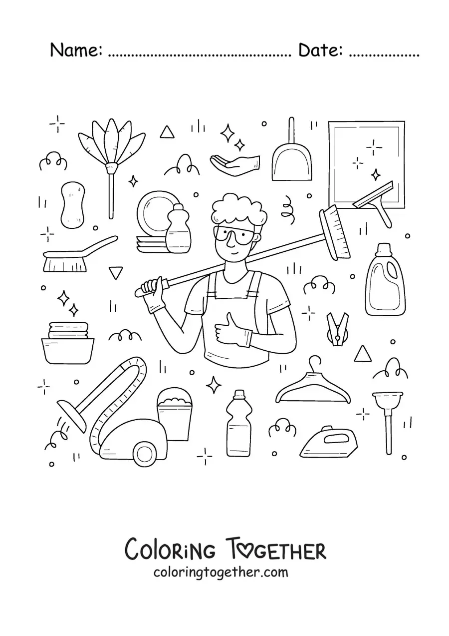Coloring page of a man with household cleaning supplies