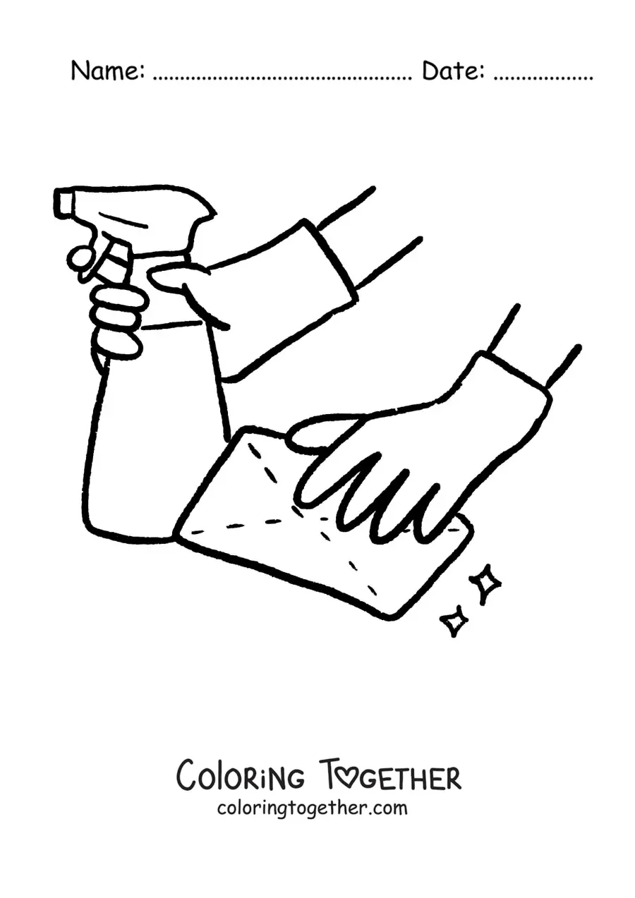 Coloring page of a pair of gloved hands cleaning