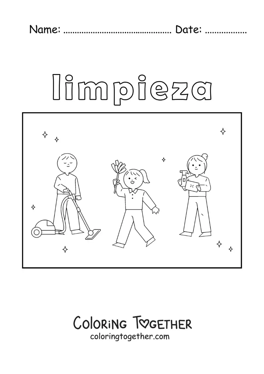 Coloring page of 3 kids helping with the household chores