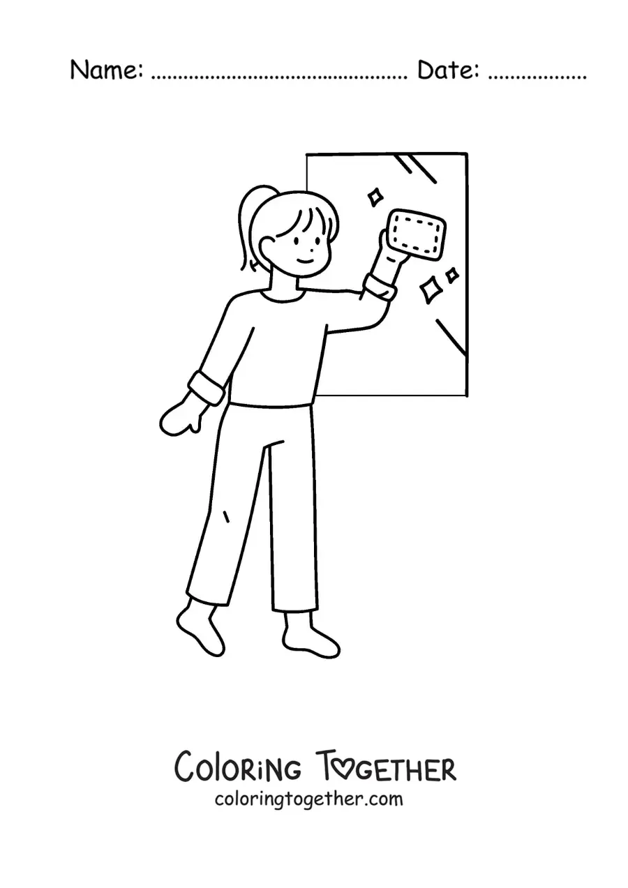 Coloring page of a girl cleaning windows in her house