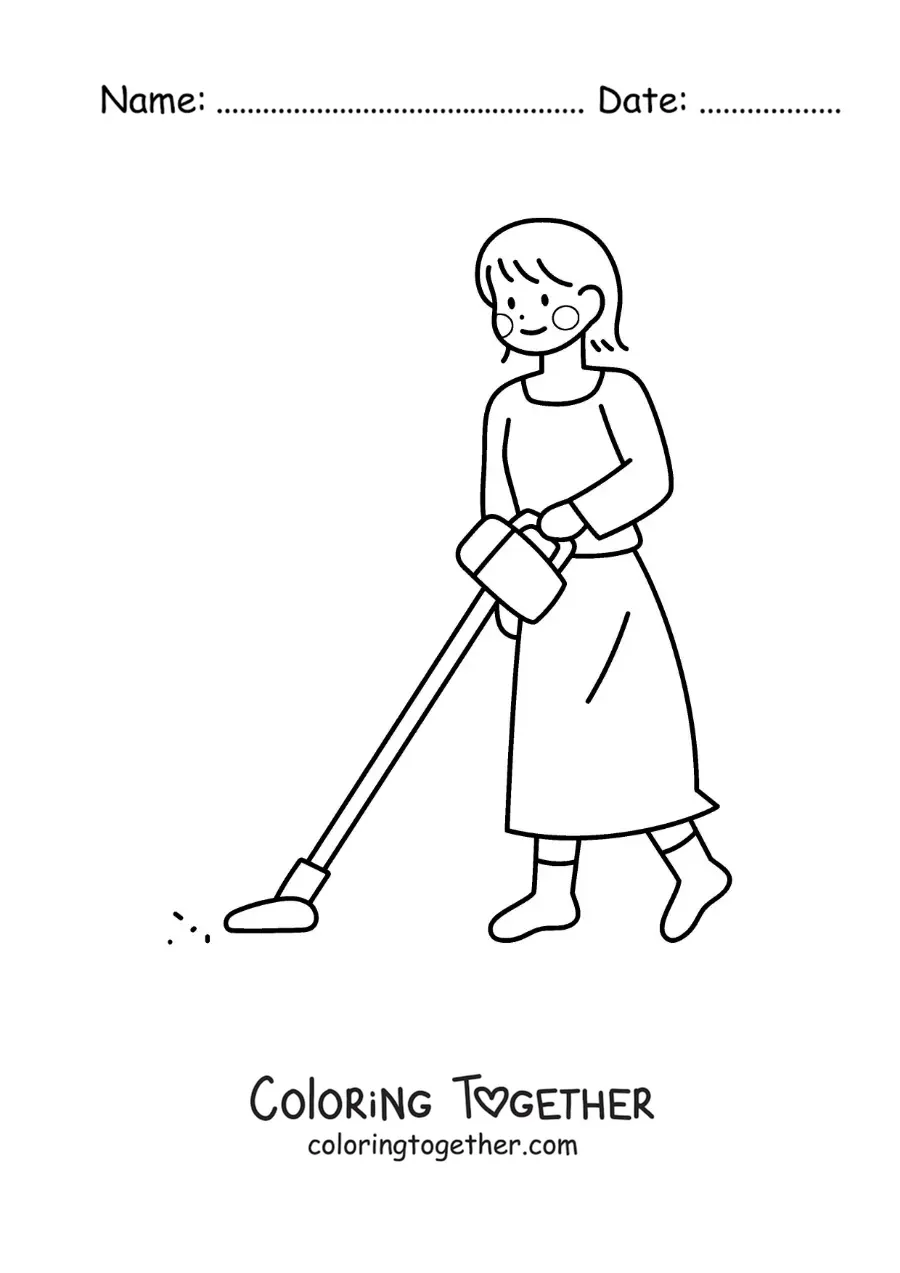 Coloring page of a mom vacuuming the floor in her house