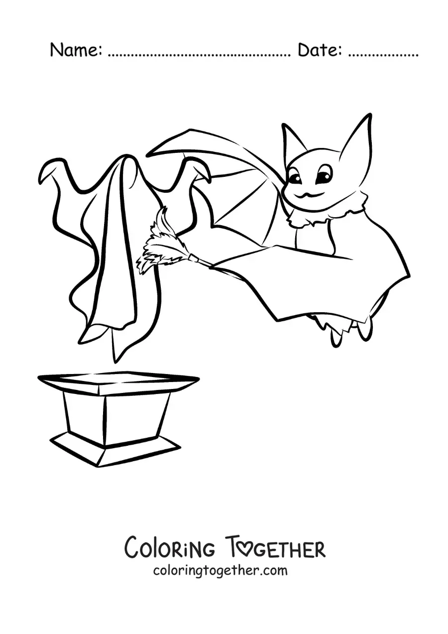 Coloring page of a cartoon bat dusting a ghost