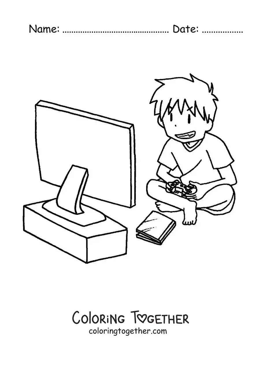 Coloring page of a boy sitting and playing video games