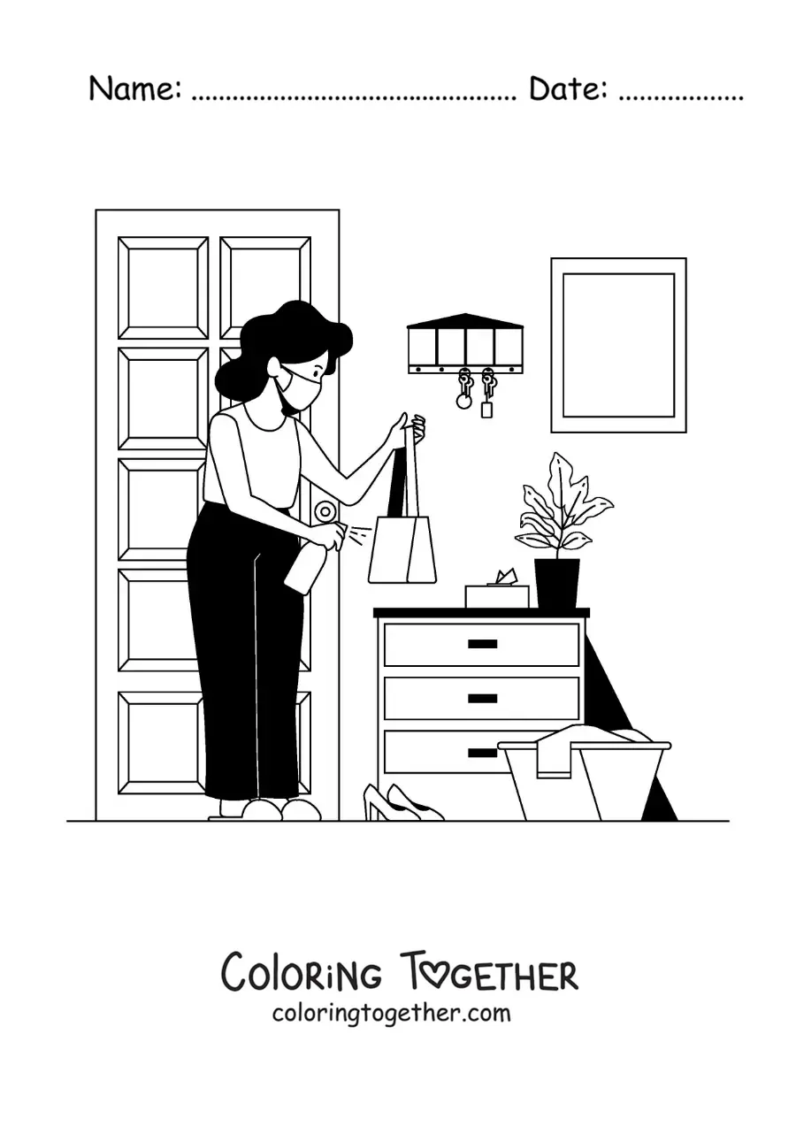 Coloring page of a mom tidying up her home