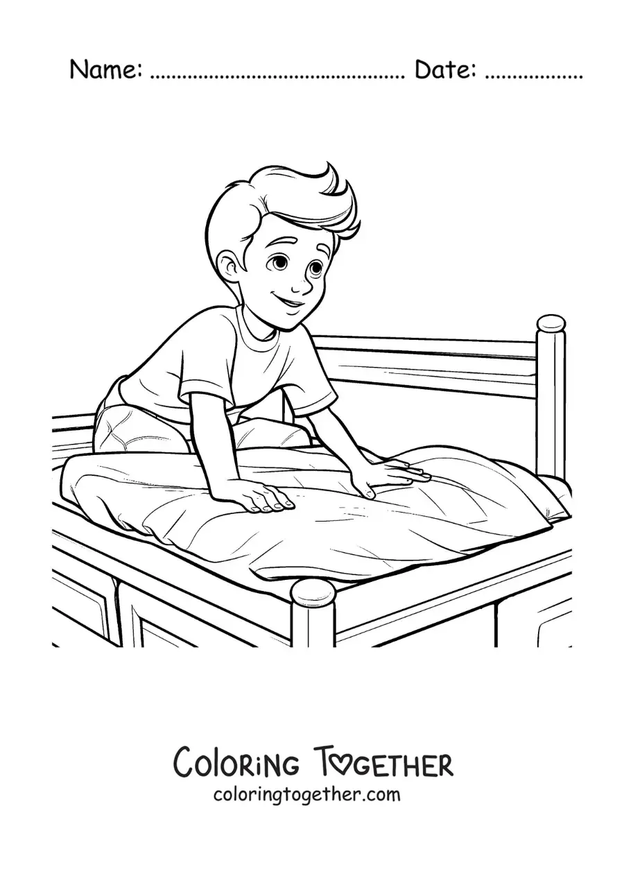Coloring page of a boy making the bed after waking up
