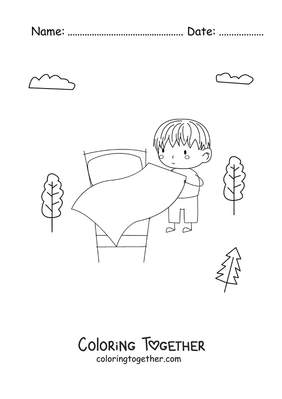 Coloring page of a girl making the bed in the morning