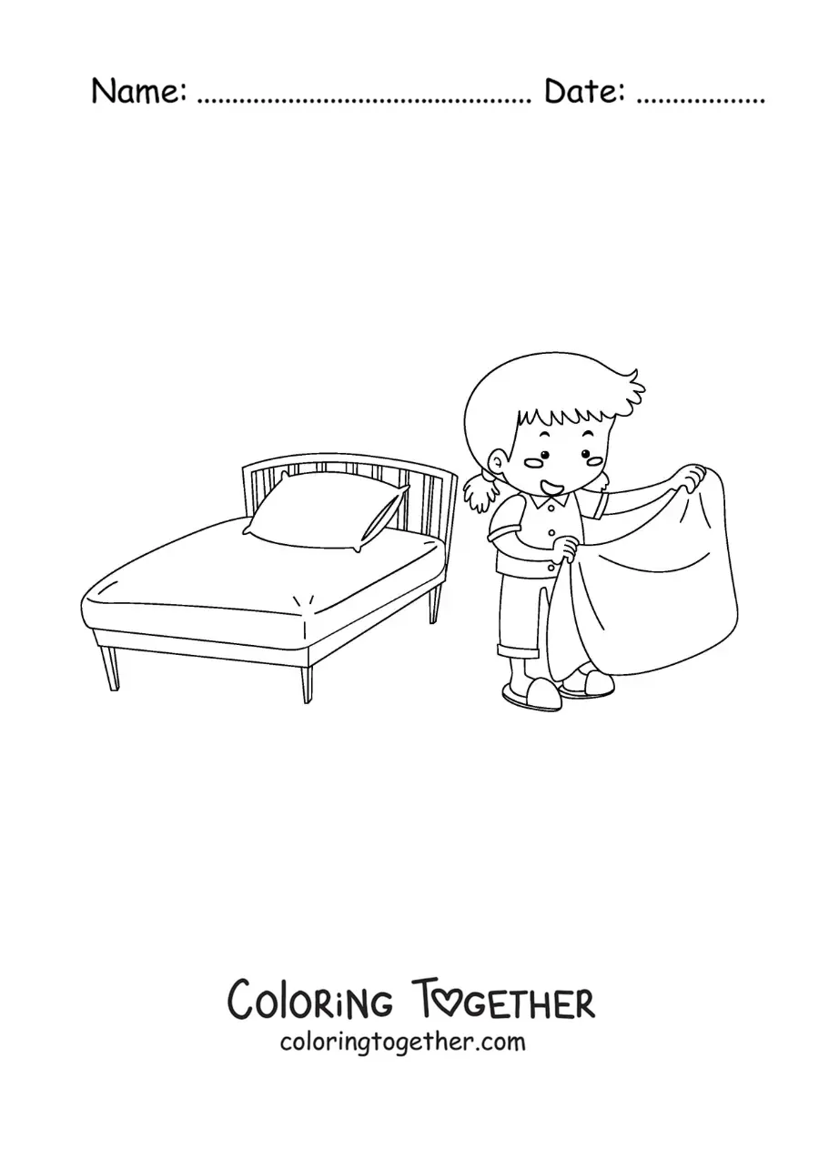 Coloring page of a girl making the bed after waking up