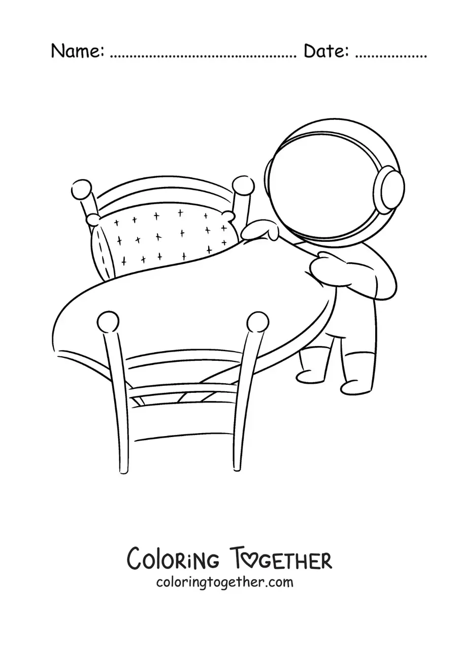 Coloring page of a cartoon astronaut making the bed