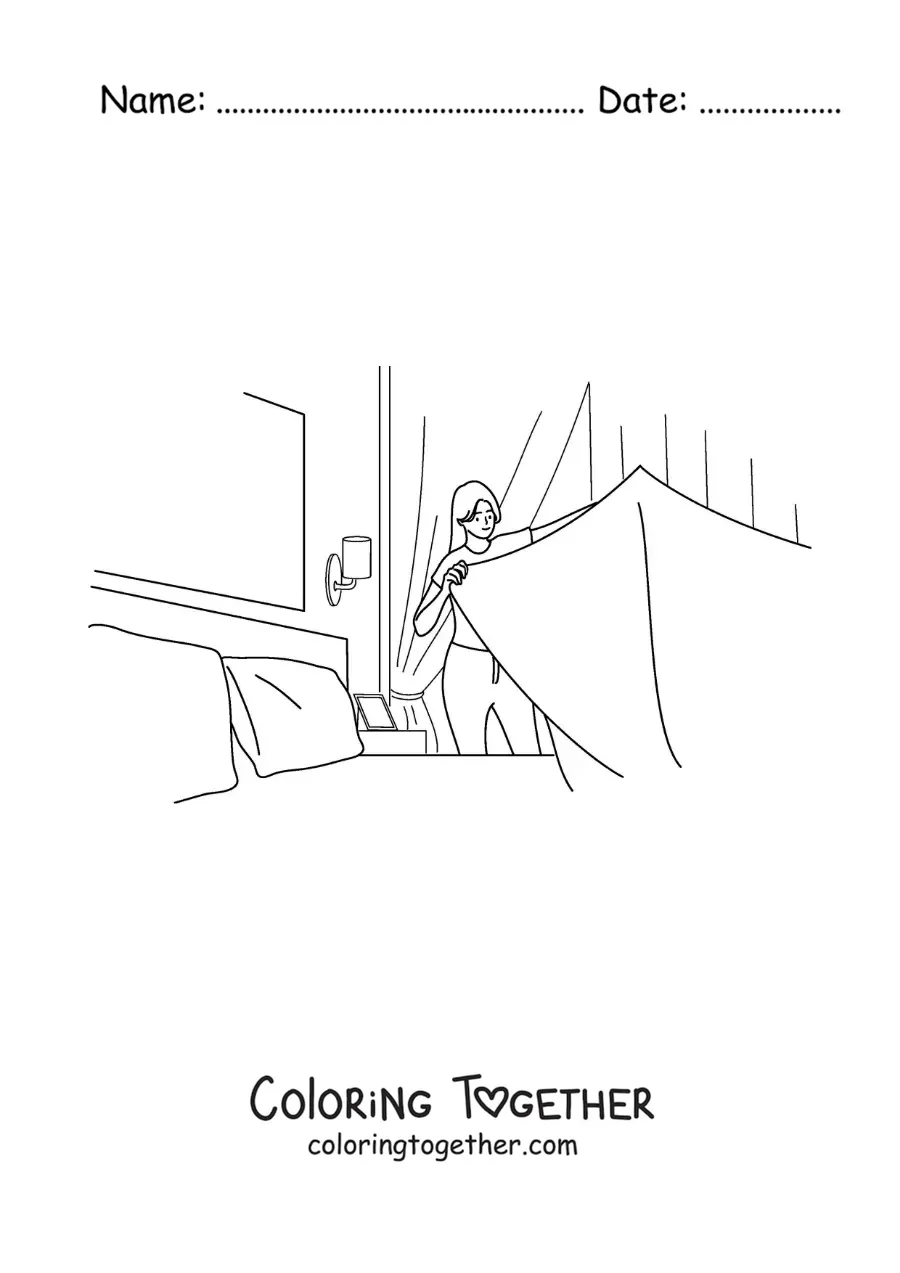 Coloring page of a woman making the bed in her room