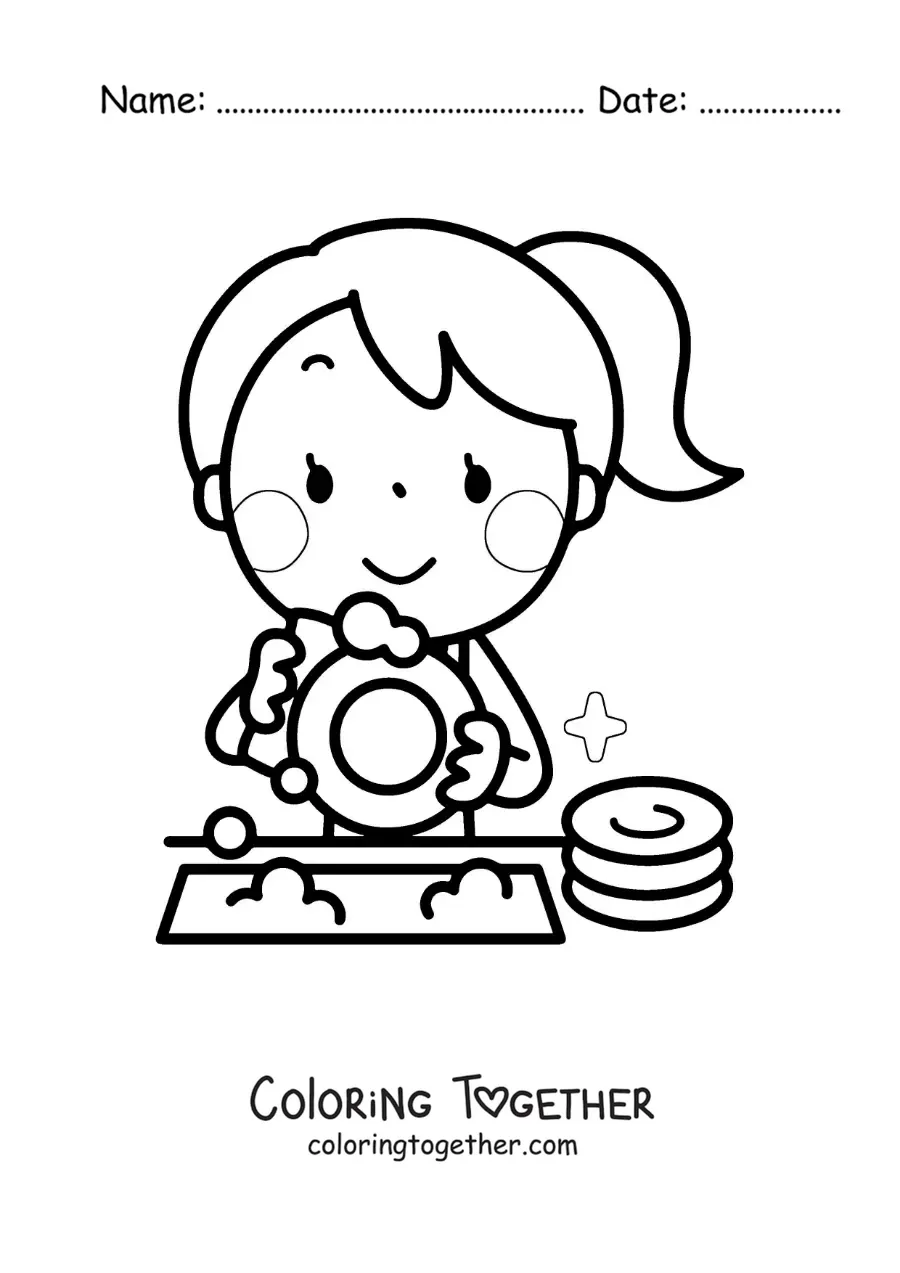 Coloring page of a kawaii girl washing the dishes