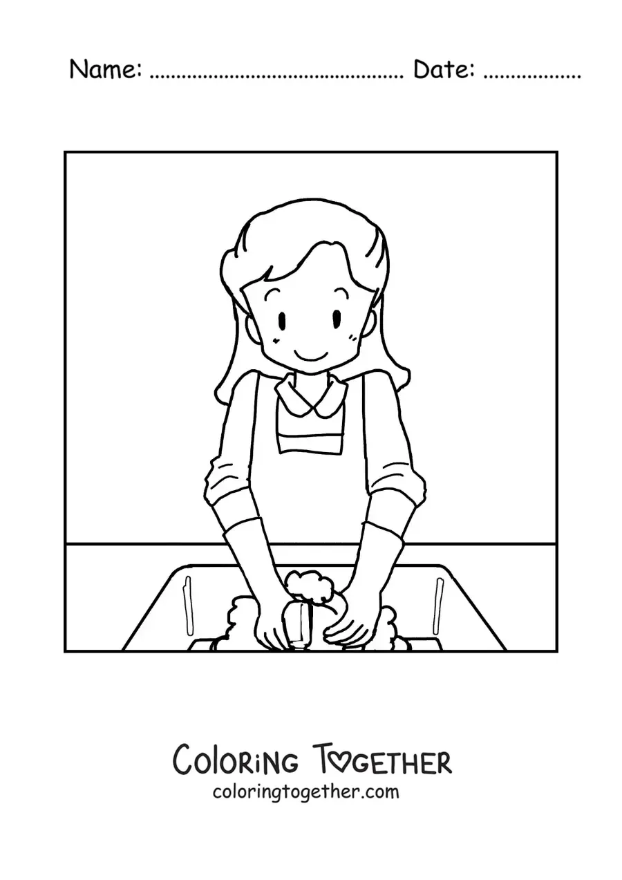 Coloring page of a cartoon mom washing the dishes