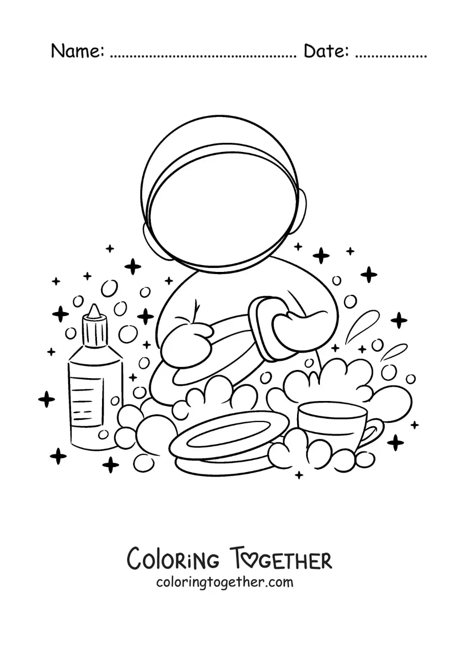 Coloring page of a cartoon astronaut washing the dishes