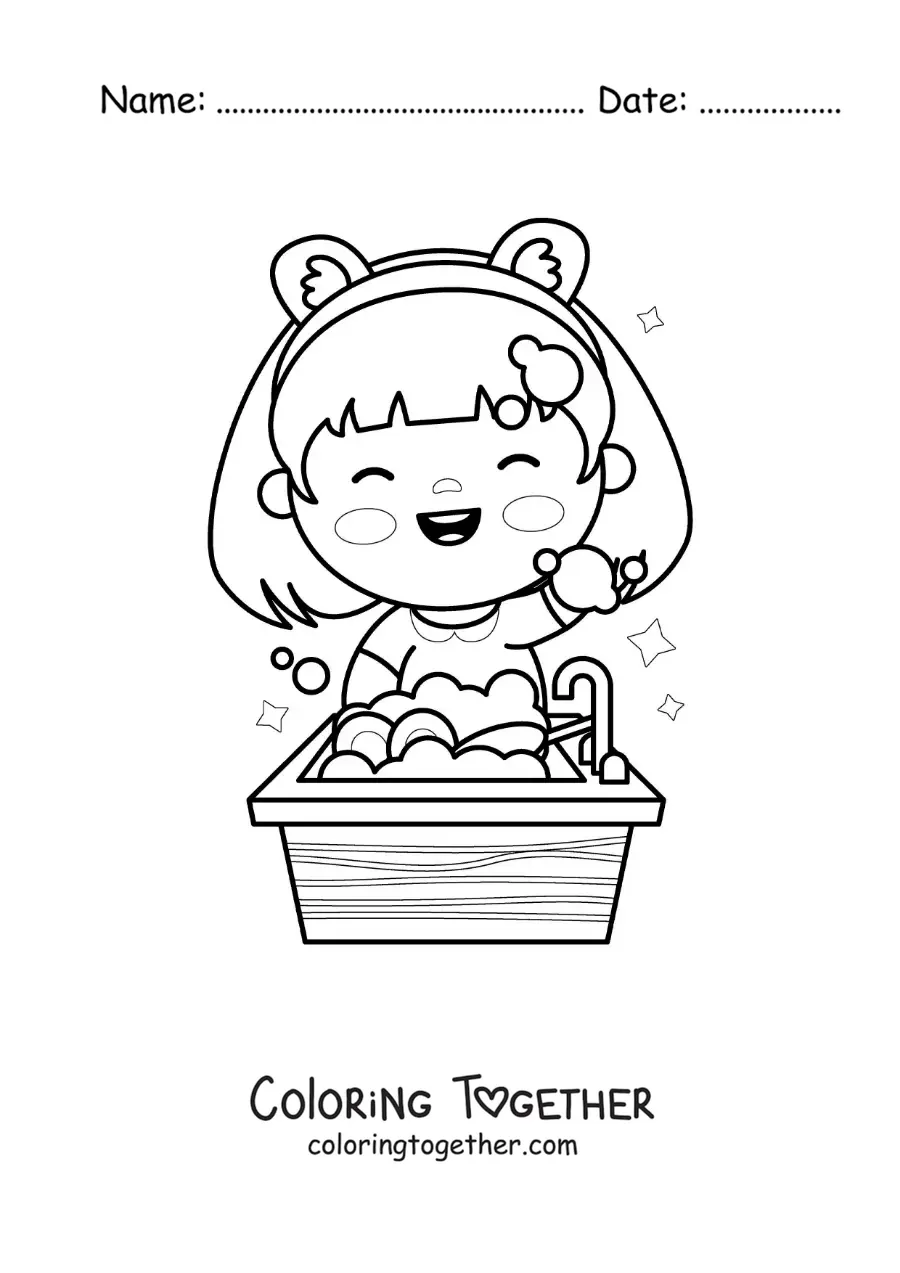 Coloring page of a kawaii girl scrubbing the dishes in the sink